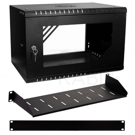 Szafa wisząca RACK 19" 6U 350mm drzwi szklane czarna z półką i maskownicą PRO LIGHT