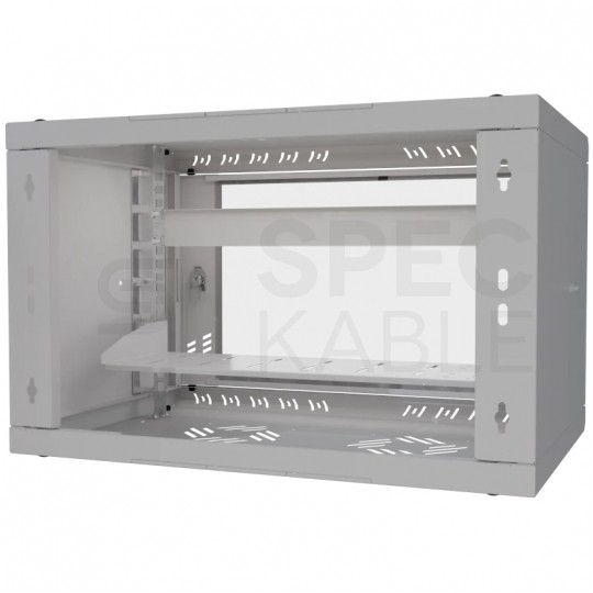Szafa wisząca RACK 19" 6U 350mm drzwi szklane szara z półką i maskownicą