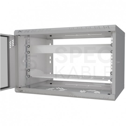 Szafa wisząca RACK 19" 6U 350mm drzwi szklane szara z półką i maskownicą