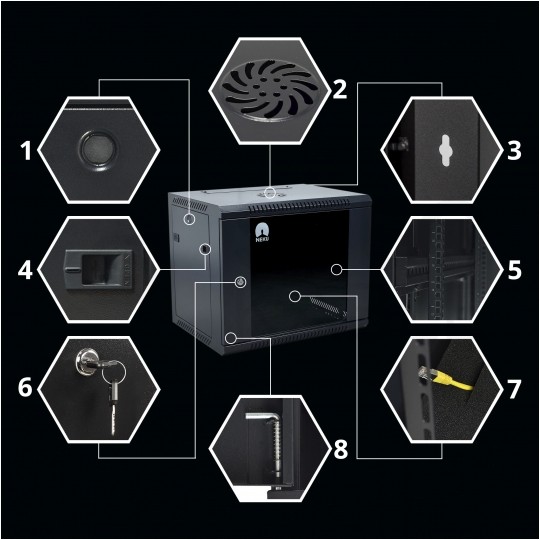 Szafa wisząca RACK 19" 9U 600mm drzwi szklane czarna NEKU TS BOX