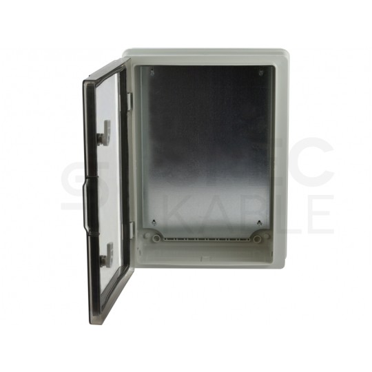 Szafka hermetyczna IP65 rozdzielnica plastikowa 400x300x170mm z płytą montażową szara z przezroczystymi drzwiami