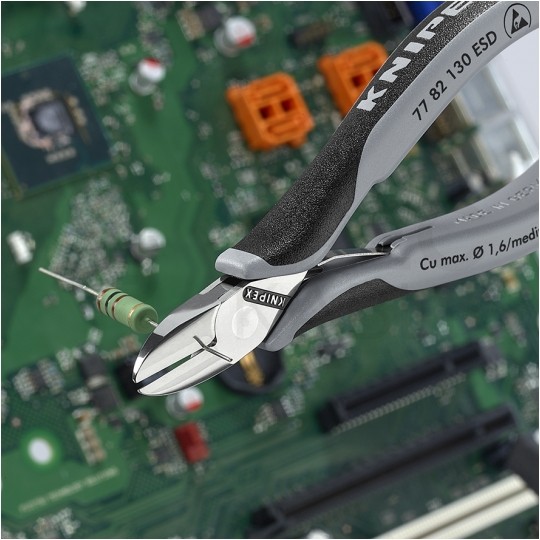 Szczypce boczne tnące dla elektroników 130mm precyzyjne okragłe bez ścięcia KNIPEX 77 82 130 ESD
