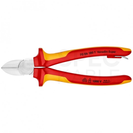Szczypce boczne tnące uniwersalne 180mm z zaczepem chromowane izolowane VDE 1kV dla elektryka KNIPEX 70 06 180 T