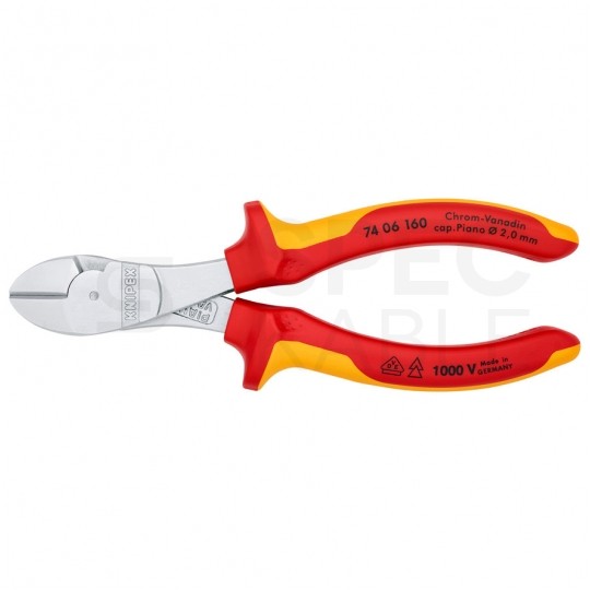 Szczypce boczne tnące ze zwiększonym przełożeniem 160mm chromowane izolowane VDE 1kV dla elektryka KNIPEX 74 06 160