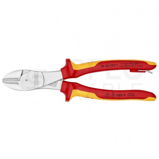 Szczypce boczne tnące ze zwiększonym przełożeniem 200mm z zaczepem chromowane izolowane VDE 1kV dla elektryka KNIPEX 74 06 200 T