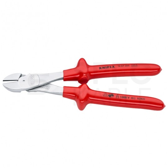 Szczypce boczne tnące ze zwiększonym przełożeniem 250mm chromowane izolowane zanurzeniowo VDE 1kV dla elektryka KNIPEX 74 07 250