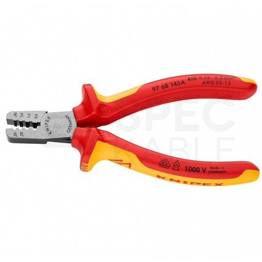 Szczypce do zaciskania tulejek kablowych 0,25-2,5mm2 izolowane VDE 1kV dla elektryka KNIPEX 97 68 145 A