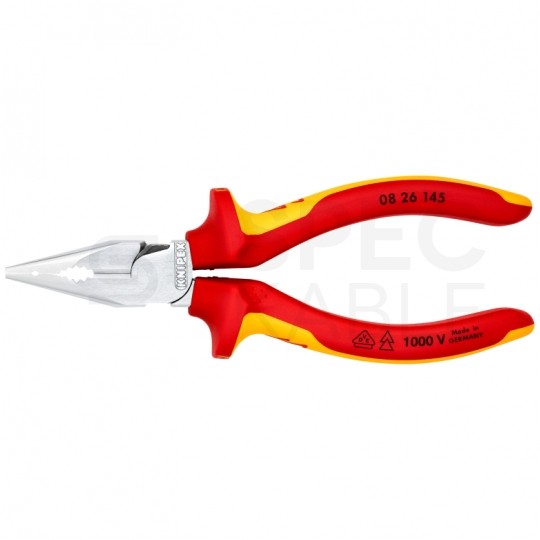 Szczypce uniwersalne 145mm chromowane ostro zakończone izolowane VDE 1kV Kombinerki do chwytania i cięcia dla elektryka KNIPEX 08 26 145