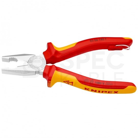 Szczypce uniwersalne VDE 180mm chromowane izolowane 1kV z zaczepem Kombinerki do chwytania i cięcia dla elektryka KNIPEX 03 06 180 T