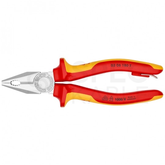 Szczypce uniwersalne VDE 180mm chromowane izolowane 1kV z zaczepem Kombinerki do chwytania i cięcia dla elektryka KNIPEX 03 06 180 T