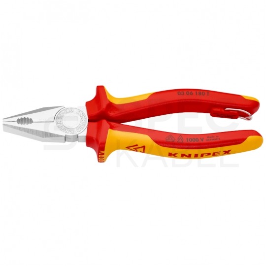 Szczypce uniwersalne VDE 180mm chromowane izolowane 1kV z zaczepem Kombinerki do chwytania i cięcia dla elektryka KNIPEX 03 06 180 T