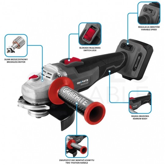 Szlifierka kątowa akumulatorowa 18V do szlifowania i cięcia, tarcza 125x22.2mm, 9200 obrotów na minutę bez akumulatora ENERGY+ GRAPHITE 58GE142
