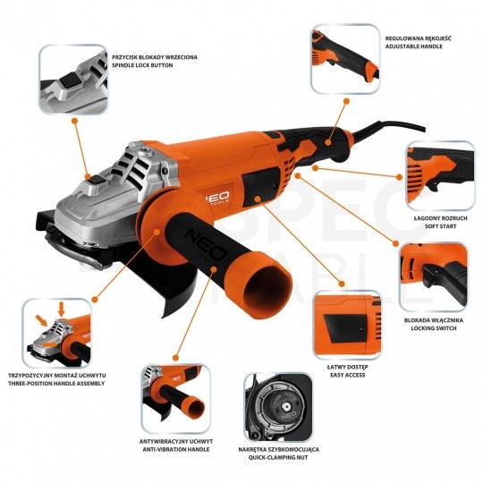 Szlifierka kątowa sieciowa 230V 3000W do szlifowania i cięcia, tarcza 230x22.2mm, 6600 obrotów na minutę NEO 04-715