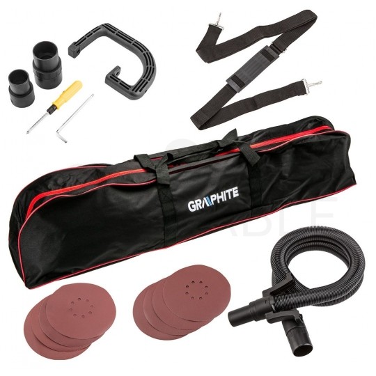 Szlifierka sieciowa 230V 600W teleskopowa do gipsu, tynków gipsowych, tarcza 225mm w zestawie z akcesoriami i torbą GRAPHITE 59G261