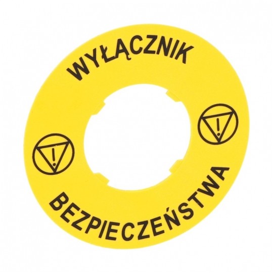 Tabliczka opisowa żółta okrągła fi:60mm "WYŁĄCZNIK BEZPIECZEŃSTWA" do przycisków grzybkowych LPXAU122 LOVATO