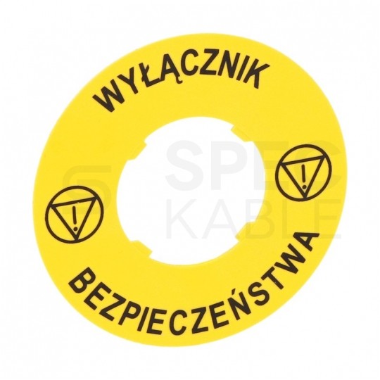 Tabliczka opisowa żółta okrągła fi:60mm "WYŁĄCZNIK BEZPIECZEŃSTWA" do przycisków grzybkowych LPXAU122 LOVATO