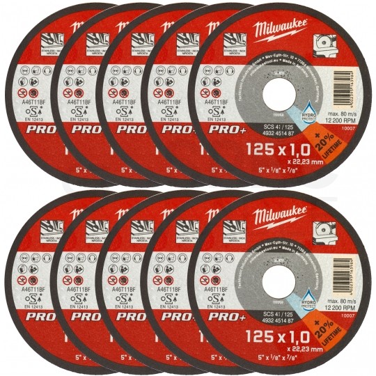 Tarcza tnąca do cięcia metalu 125x1mm PRO+ Zestaw 10szt MILWAUKEE do metalu, stali nierdzewnej INOX itp.