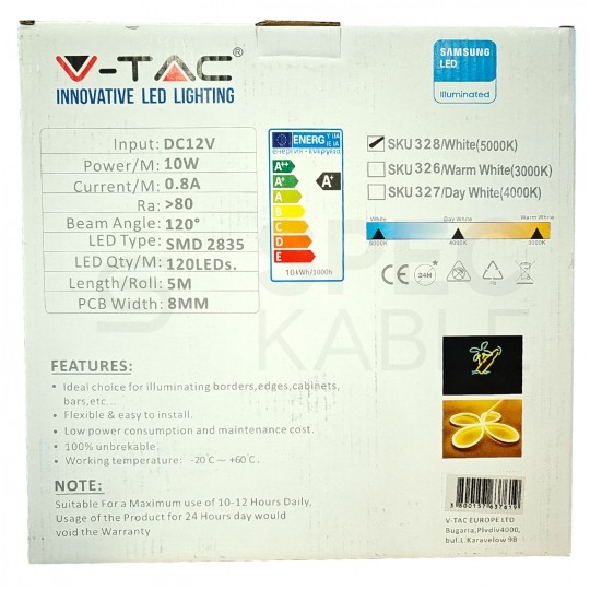 Taśma 120x LED NEON FLEX 10W/mb 12V op=5m barwa CW biała zimna V-TAC VT-55