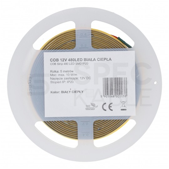 Taśma 480x LED COB 2835 10W/mb biała ciepła IP20 12V op=5m