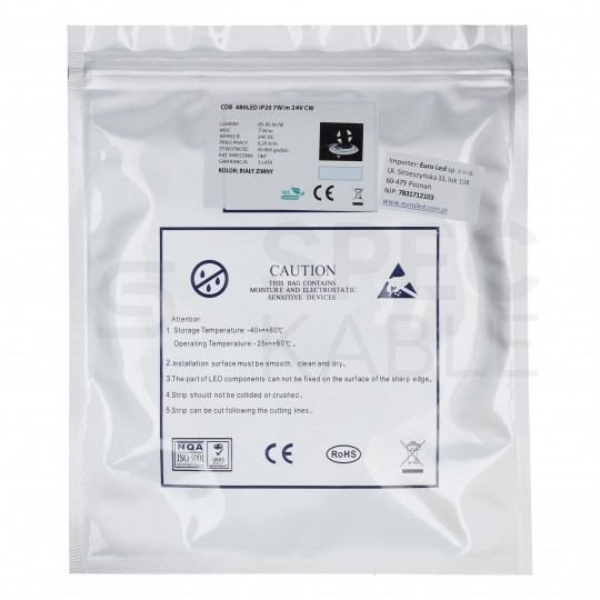 Taśma 480x LED COB 2835 7W/mb biała zimna IP20 24V op=5m