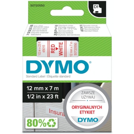 Taśma DYMO D1 Standard 12mm x 7m (biała / czerwony nadruk) [45015 / S0720550] ORYGINALNA