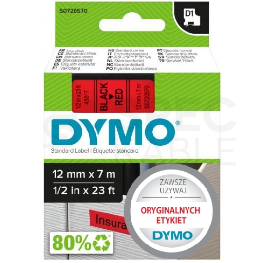 Taśma DYMO D1 Standard 12mm x 7m (czerwona / czarny nadruk) [45017 / S0720570] ORYGINALNA