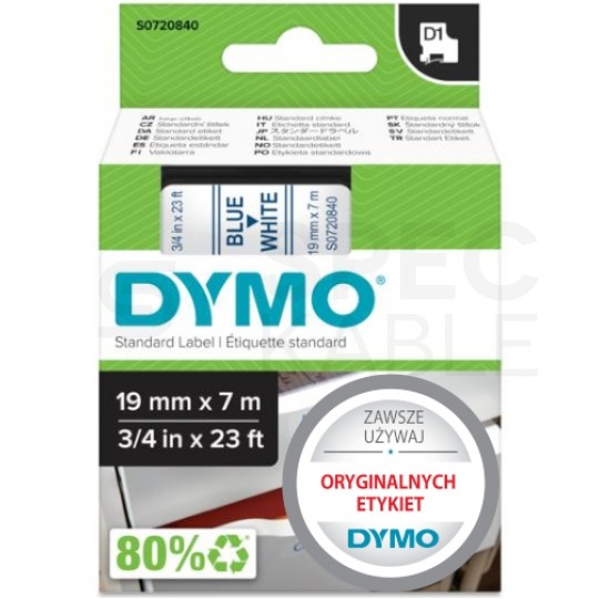 Taśma DYMO D1 Standard 19mm x 7m (biała / niebieski nadruk) [45804 / S0720840] ORYGINALNA