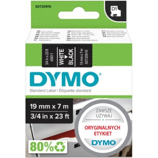 Taśma DYMO D1 Standard 19mm x 7m (czarna / biały nadruk) [45811 / S0720910] ORYGINALNA