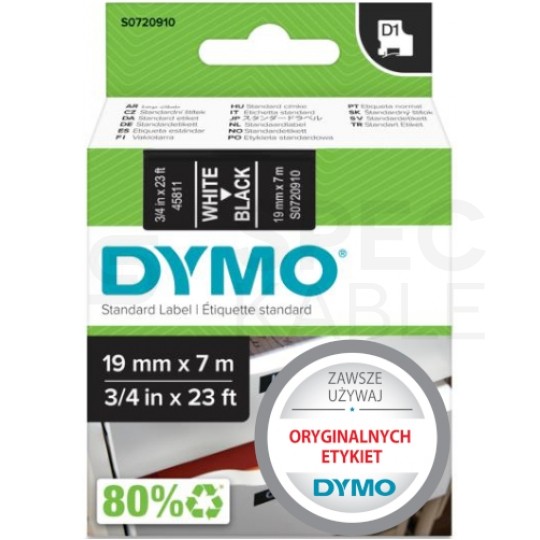 Taśma DYMO D1 Standard 19mm x 7m (czarna / biały nadruk) [45811 / S0720910] ORYGINALNA