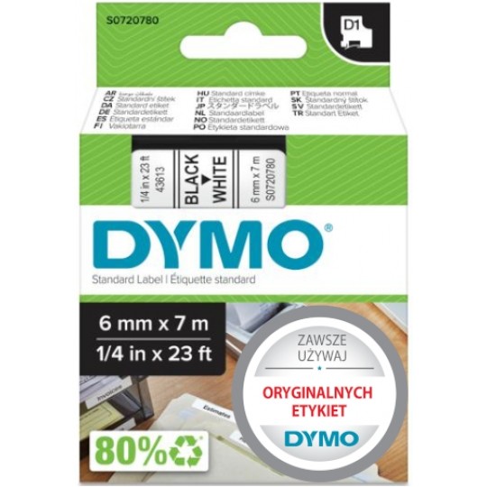 Taśma DYMO D1 Standard 6mm x 7m (biała / czarny nadruk) [43613 / S0720780] ORYGINALNA
