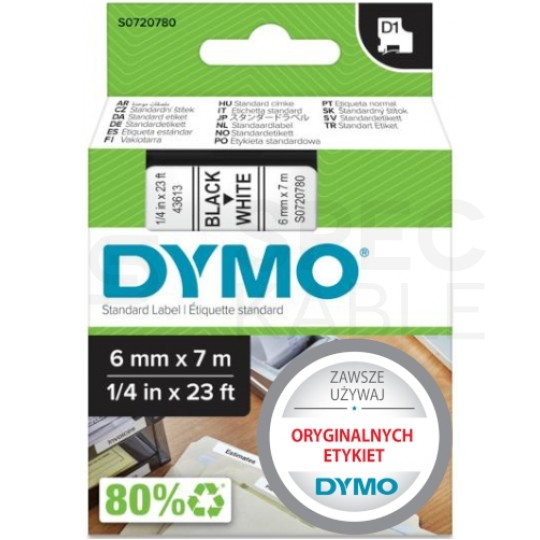 Taśma DYMO D1 Standard 6mm x 7m (biała / czarny nadruk) [43613 / S0720780] ORYGINALNA