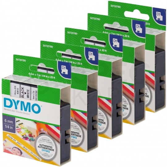 Taśma DYMO D1 Standard 6mm x 7m (biała / czarny nadruk) PACK 5szt. [43613 / S0720780] ORYGINALNA