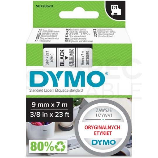 Taśma DYMO D1 Standard 9mm x 7m (przezroczysta / czarny nadruk) [40910 / S0720670] ORYGINALNA