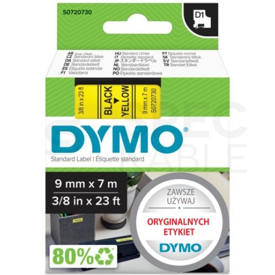 Taśma DYMO D1 Standard 9mm x 7m (żółta / czarny nadruk) [40918 / S0720730] ORYGINALNA