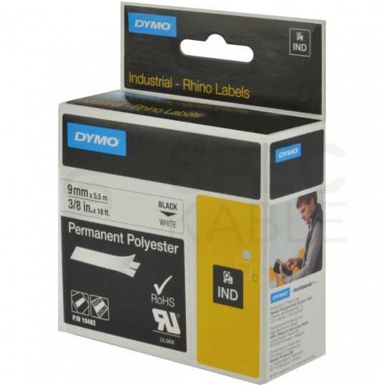 Taśma DYMO IND poliestrowa trwała 9mm x 5,5m (biała / czarny nadruk) RHINO Industrial [18482 / S0718240] ORYGINALNA