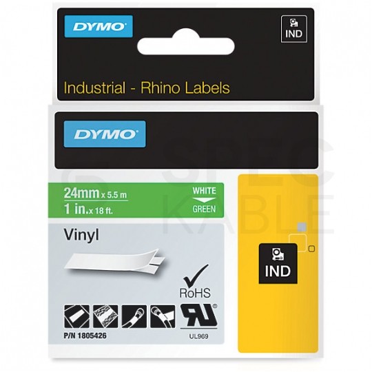 Taśma DYMO winylowa 24mm 5,5m biały / zielony