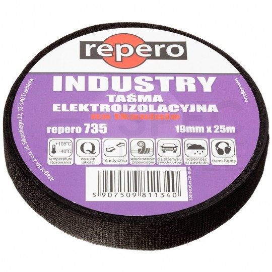 Taśma izolacyjna INDUSTRY na tkaninie 19mm x 25m Repero 735 czarna