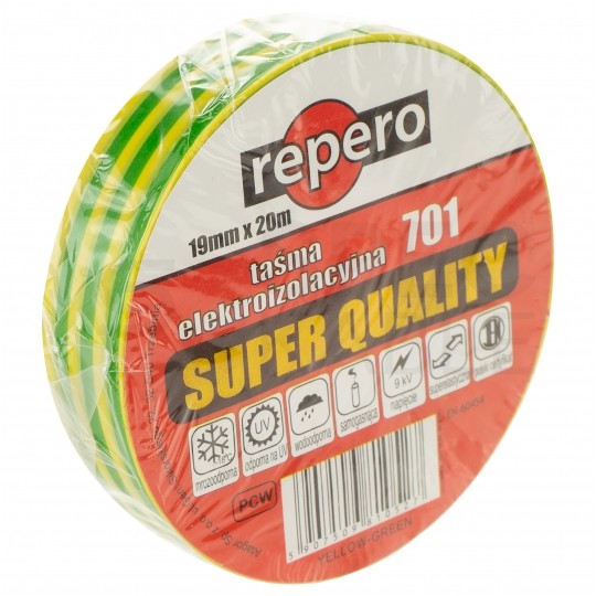 Taśma izolacyjna PVC Premium 19mm x 20m Repero 701 Super żółto-zielona