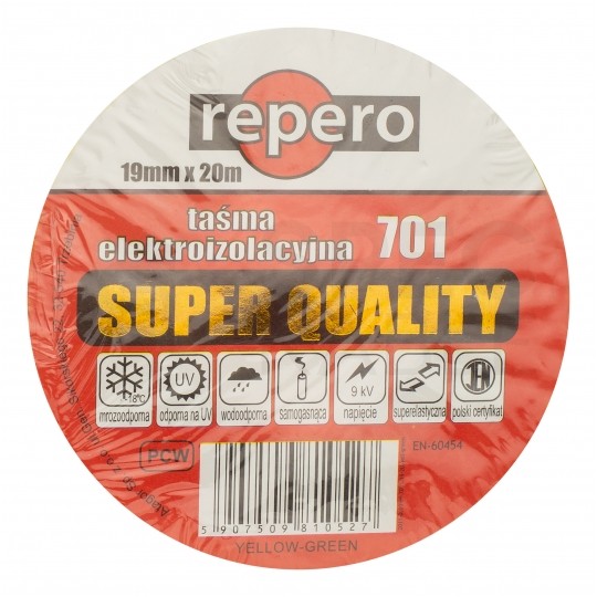 Taśma izolacyjna PVC Premium 19mm x 20m Repero 701 Super żółto-zielona