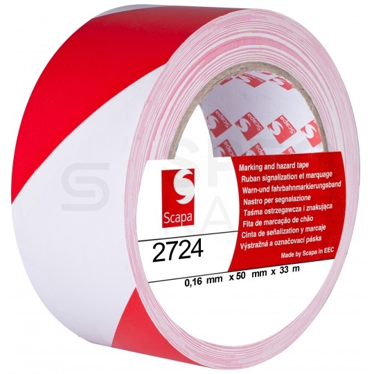 Taśma oznaczeniowa ostrzegawcza PVC 50mm x 33m SCAPA 2724 biało-czerwona