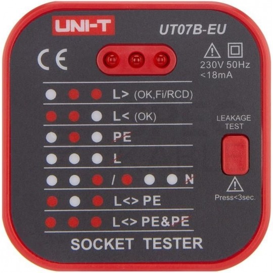 Tester gniazd zasilających 230V 2P+Z i wyłączników RCD UNI-T UT07B-EU