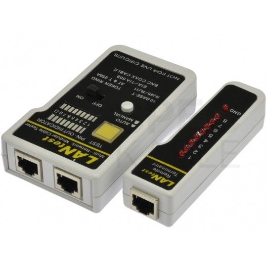 Tester kabli sieciowych LAN RJ45 + RJ12 / RJ11 + BNC z diodami LED czarny NEKU