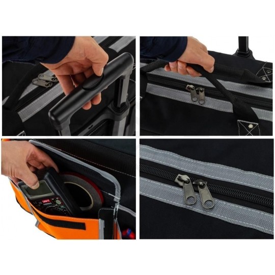 Torba monterska narzędziowa na kółkach ze wzmocnieniem i telekopowym uchwytem 6+11 kieszeni NEO 84-302