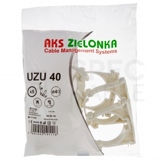 Uchwyt zamykany UZ-40 biały do rur elektroinstalacyjnych gładkich RLm-40 i peszli KOMPLET 5szt.