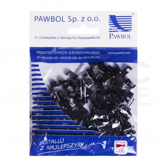 Uchwyty kablowe z gwoździem KLIP / FLOP 4mm czarne do kabli i przewodów okrągłych PAWBOL 100szt