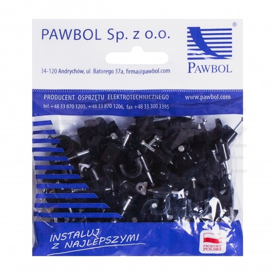 Uchwyty kablowe z gwoździem KLIP / FLOP 7mm czarne do kabli i przewodów okrągłych PAWBOL 100szt