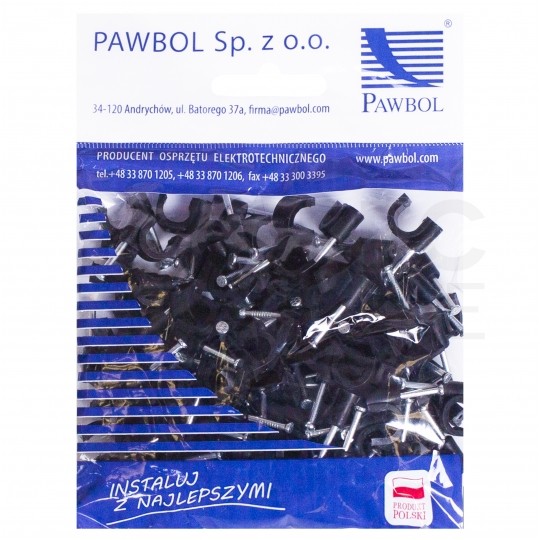 Uchwyty kablowe z gwoździem KLIP / FLOP 8mm czarne do kabli i przewodów okrągłych PAWBOL 100szt