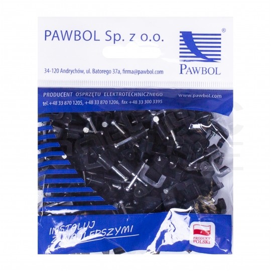 Uchwyty kablowe z gwoździem KLIP / FLOP 8x6mm czarne do kabli płaskich YDYp PAWBOL 100szt.