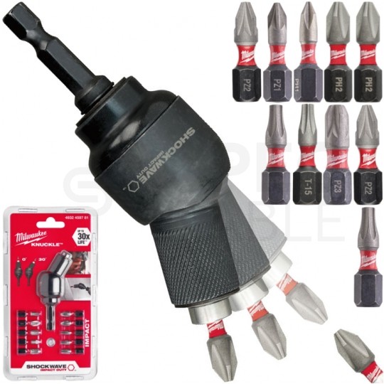 Udarowa nasadka kątowa 1/4" HEX + 10x Bity Shockwave Impact Duty MILWAUKEE