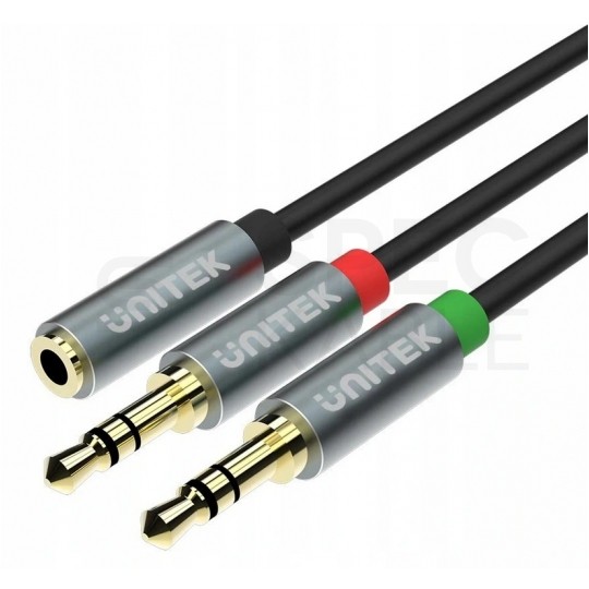 UNITEK Adapter AUX mini Jack 3,5mm 4-polowy (gniazdo) / 2x mini Jack 3,5mm (wtyk) Słuchawki + Mikrofon na kablu 20cm